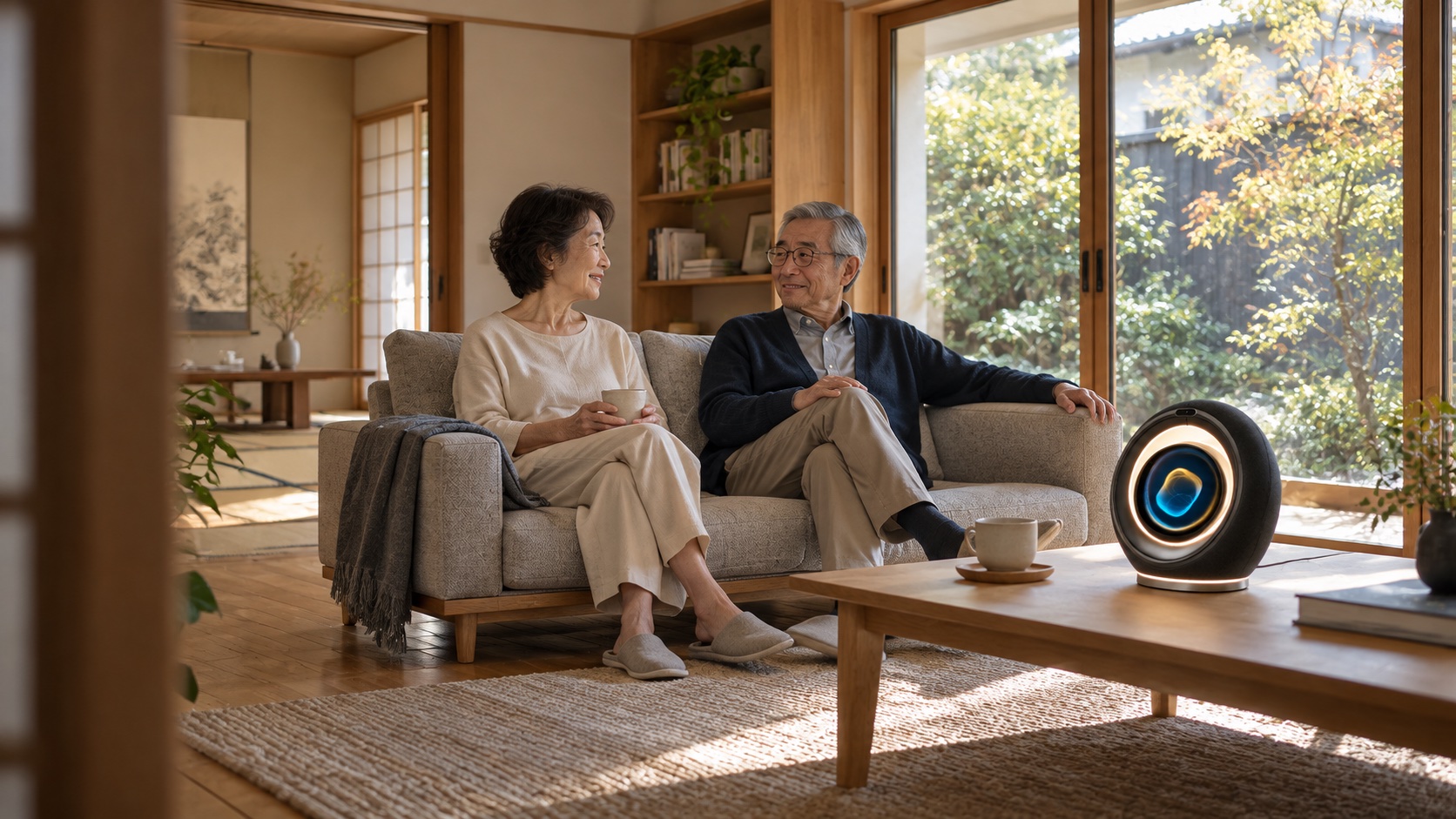 陽の差し込むリビングで、アトラスと穏やかな時間を過ごす夫婦